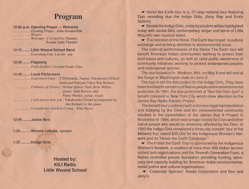 Program for IG Honor the Earth concert at Wounded Knee High School
Pine Ridge, SD 1995